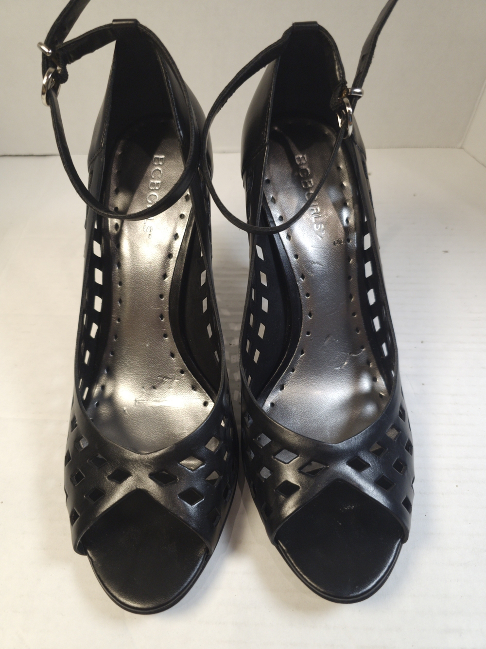 BCBG Girls Black Perforated Ankle Strap Heels Pumps